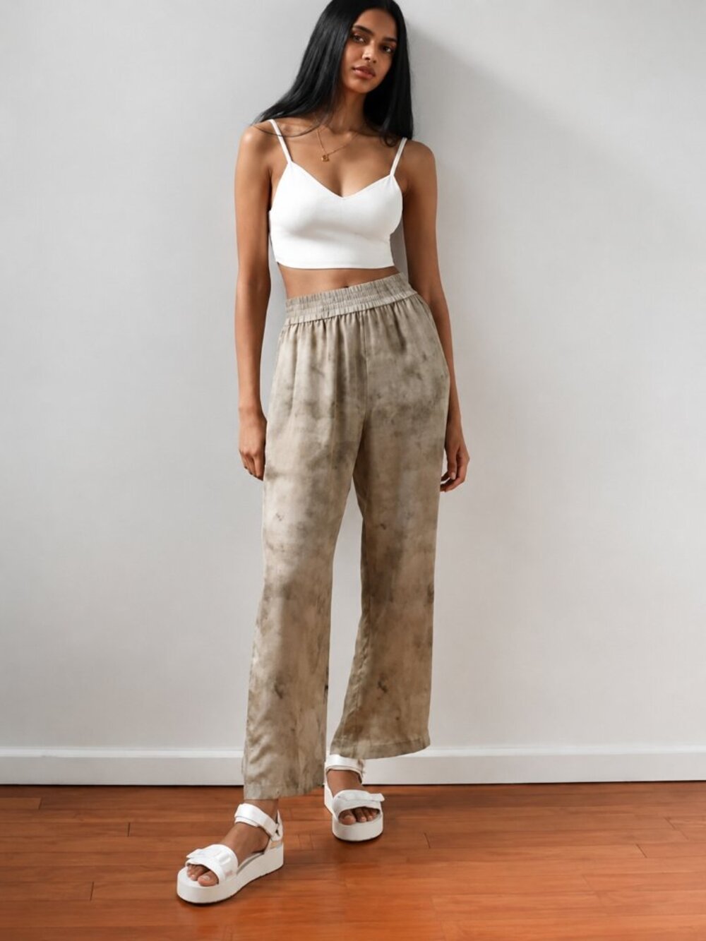 Aritzia Wilfred Women's High-Waist Wide-Leg Tie-Dye Pants Sage Ice Frost Taupe